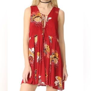 Free People Lovely Day Floral Printed Tunic Top Mini Dress in Red Size Sm
